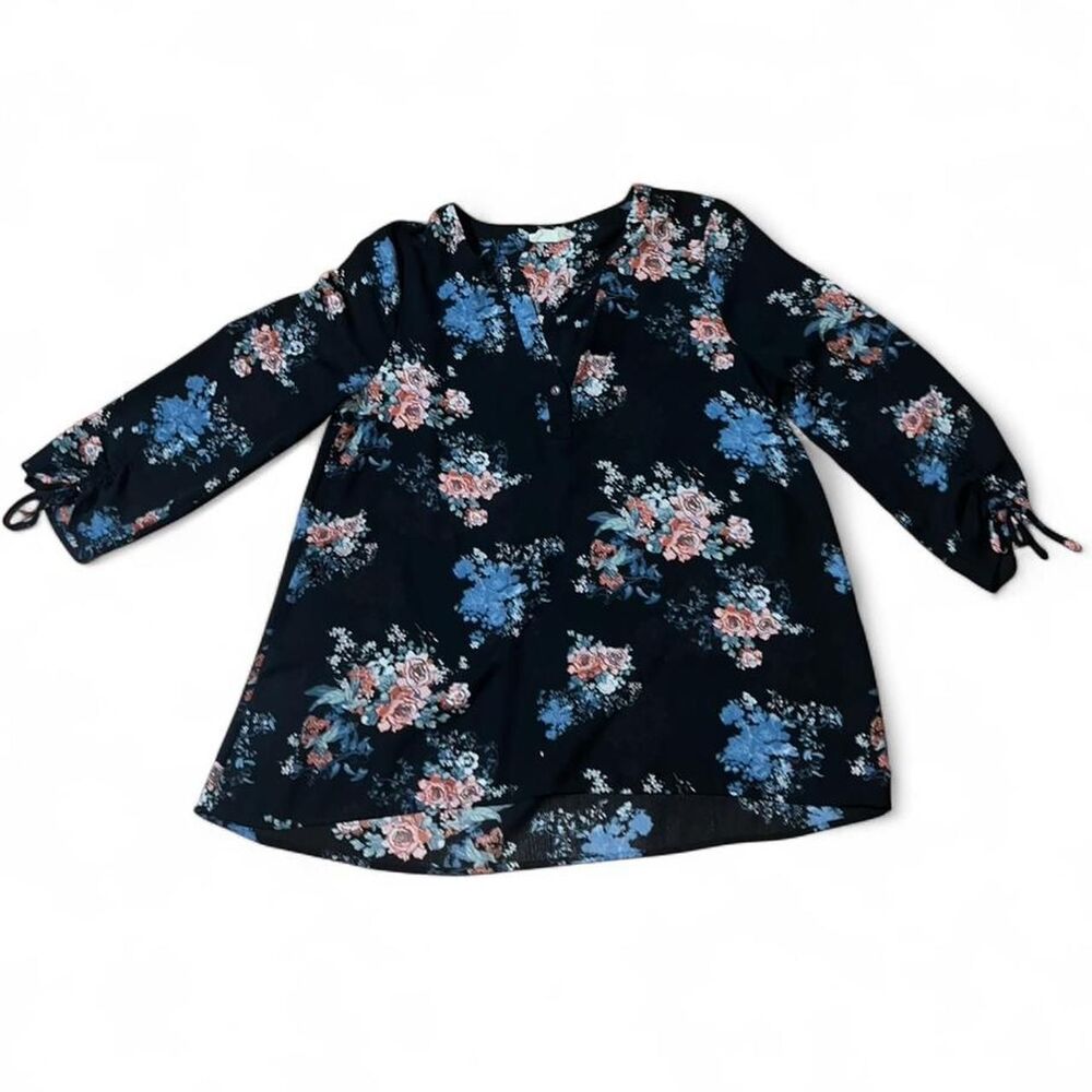 Everleigh Anthropologie Woman's Navy Floral Blouse with Rusched Sleeve SZ S